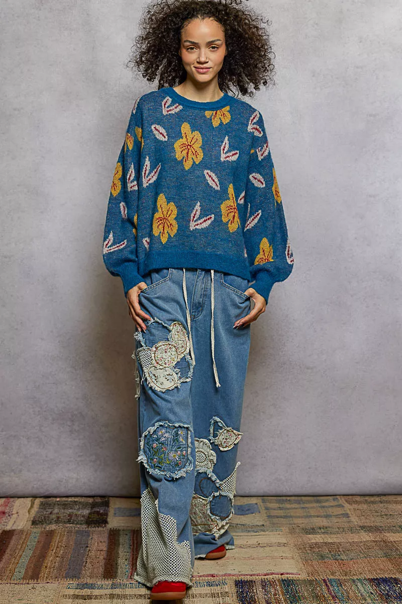 POL Floral Pattern Round Neck Balloon Sleeve Sweater - Image 5