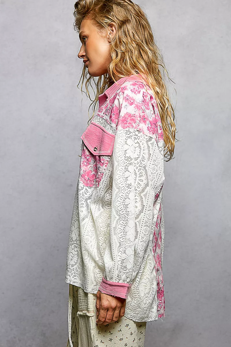 POL Floral Print Long Sleeve Lace Shirt with Front Pocket - Image 3