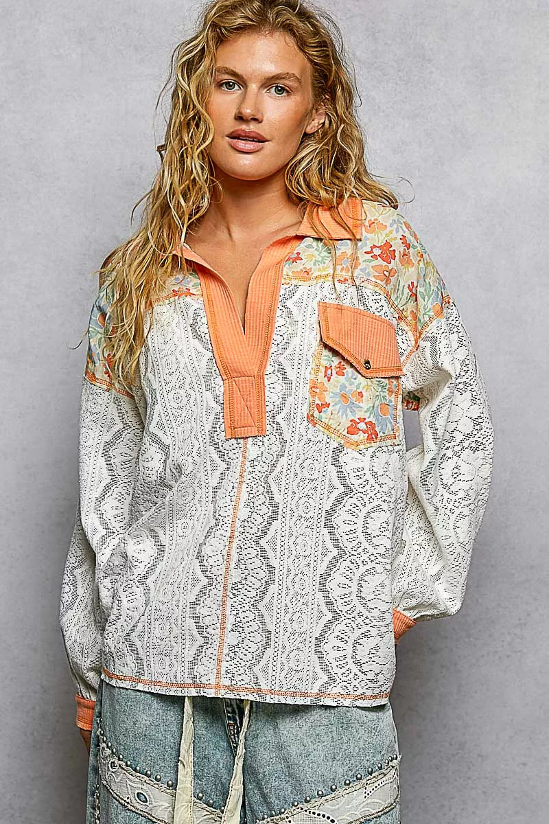 POL Floral Print Long Sleeve Lace Shirt with Front Pocket - Image 2