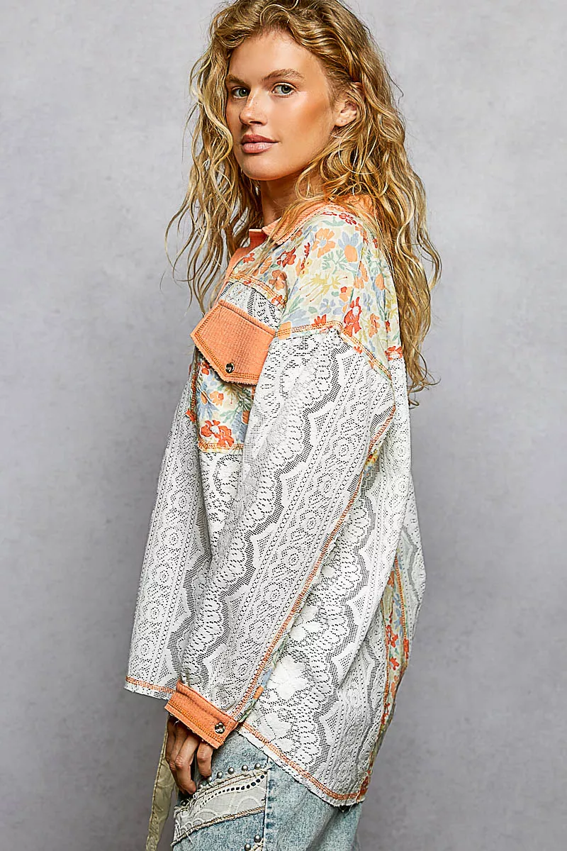 POL Floral Print Long Sleeve Lace Shirt with Front Pocket - Image 3