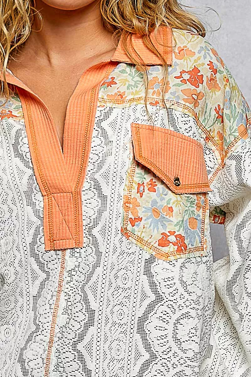 POL Floral Print Long Sleeve Lace Shirt with Front Pocket - Image 6