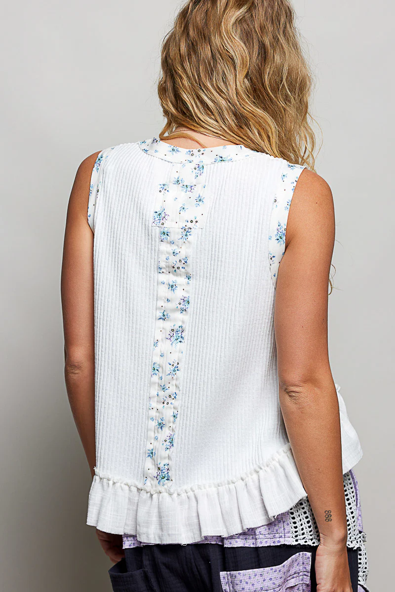 POL Floral Print Patche Round Neck Ribbed Tank with Double Gauze Ruffle Accents - Image 4