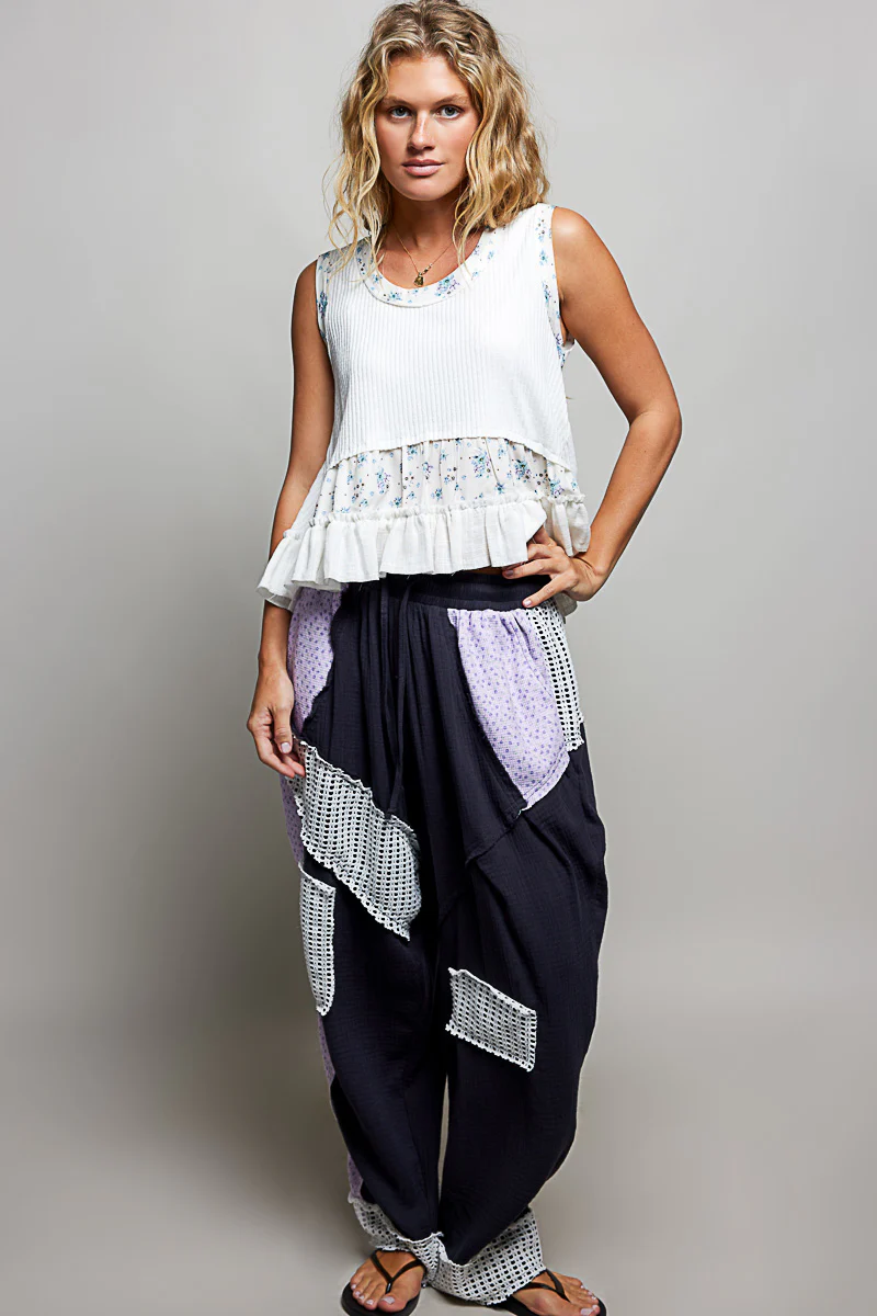 POL Floral Print Patche Round Neck Ribbed Tank with Double Gauze Ruffle Accents - Image 5