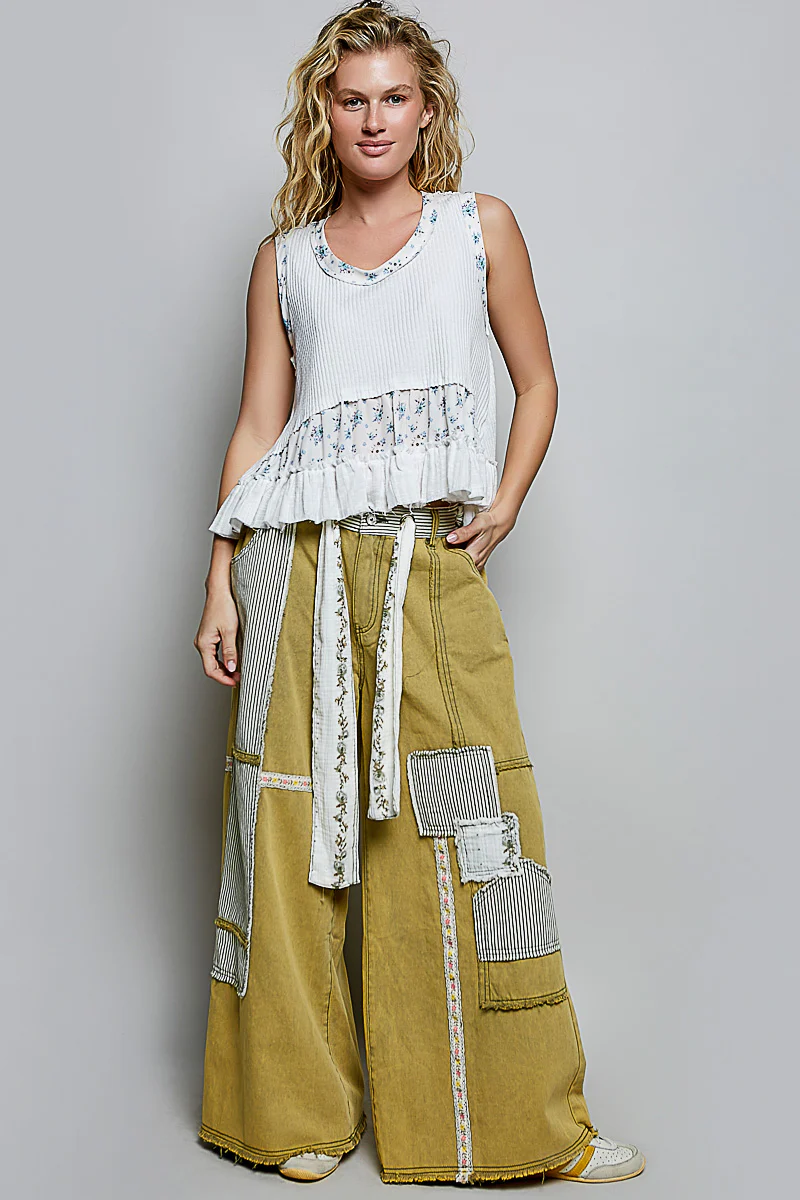 POL Floral Print Patche Round Neck Ribbed Tank with Double Gauze Ruffle Accents - Image 6