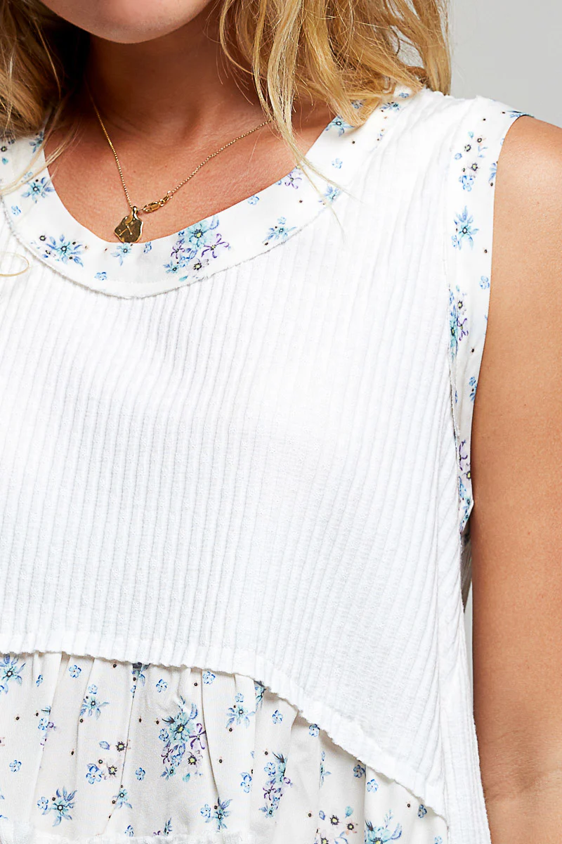POL Floral Print Patche Round Neck Ribbed Tank with Double Gauze Ruffle Accents - Image 7