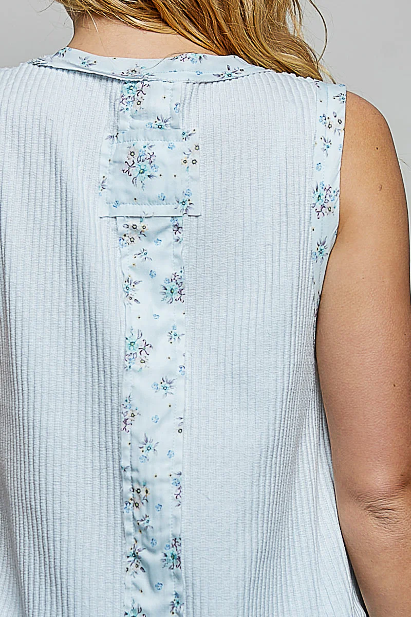 POL Floral Print Patche Round Neck Ribbed Tank with Double Gauze Ruffle Accents - Image 7