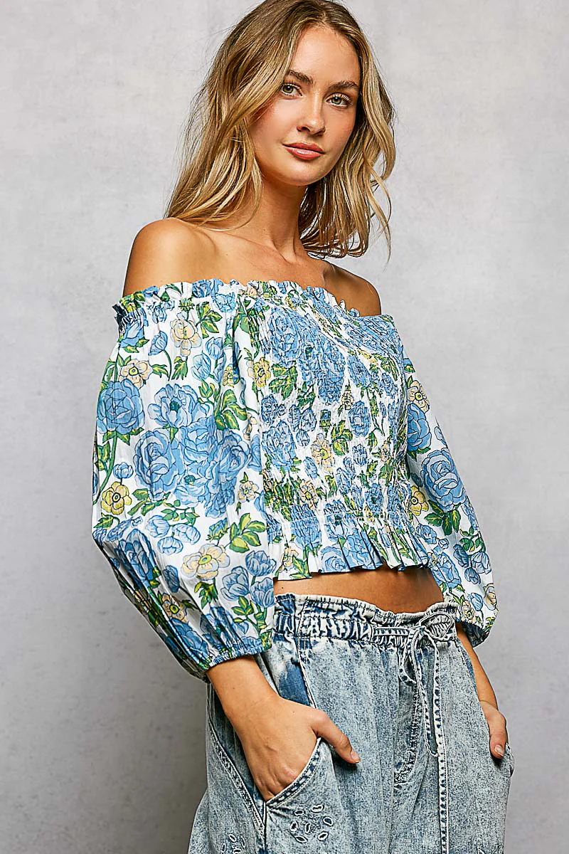 POL Floral Print Smocked Off-Shoulder Blouse - Image 4