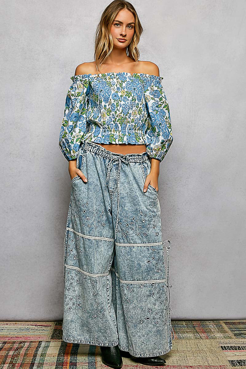 POL Floral Print Smocked Off-Shoulder Blouse - Image 5