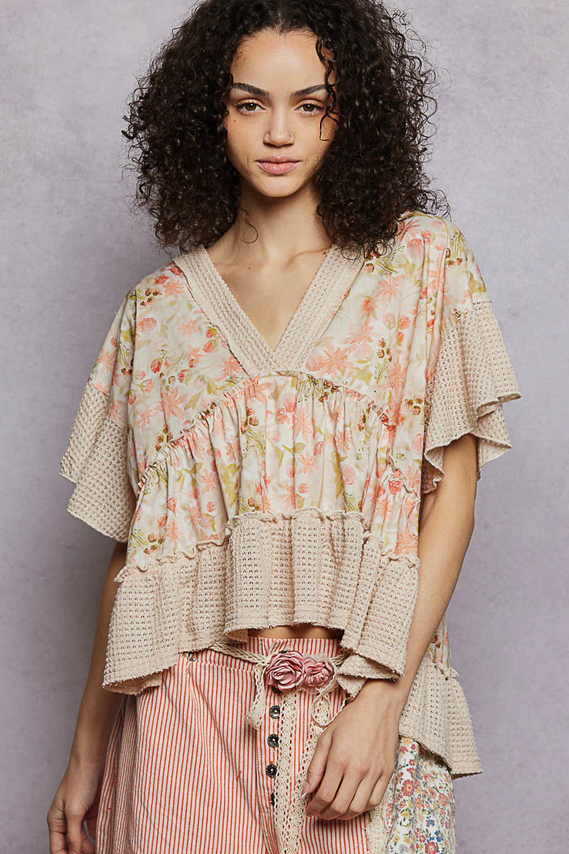 POL Floral Print V-Neck Woven Blouse with Gentle Gathers - Image 2