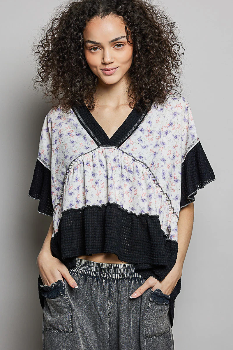 POL Floral Print V-Neck Woven Blouse with Gentle Gathers - Image 2