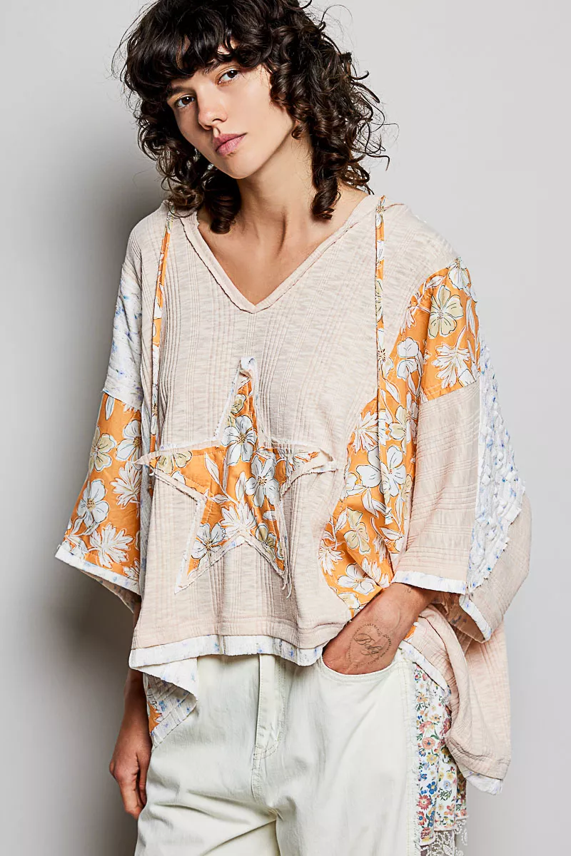 POL Floral Star Patch Hooded Blouse with Lace Contrast Detail - Image 2