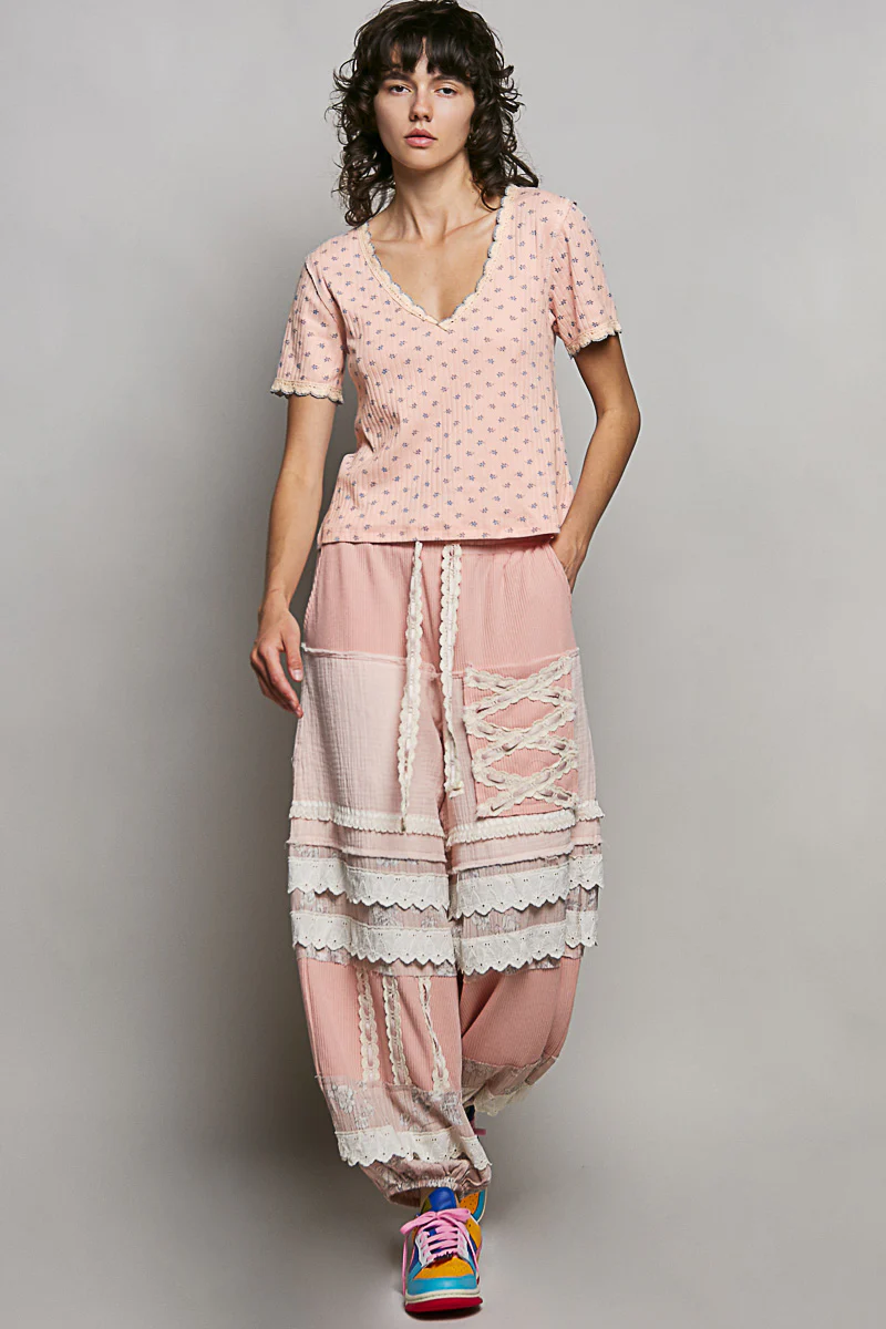 POL Floral V-Neck Short Sleeve Rib T-Shirt - Image 5