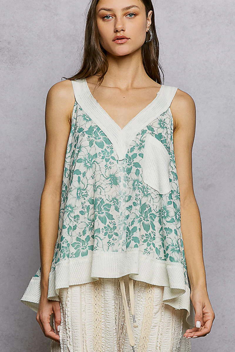 POL Floral V-Neck Tank with Front Pocket