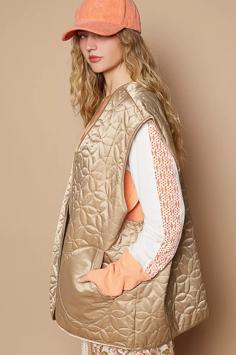 POL Front Zipper Floral Pattern Quilted Vest Coat with Front Pockets - Image 2