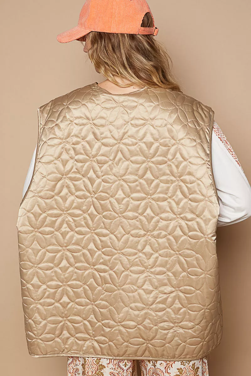 POL Front Zipper Floral Pattern Quilted Vest Coat with Front Pockets - Image 3