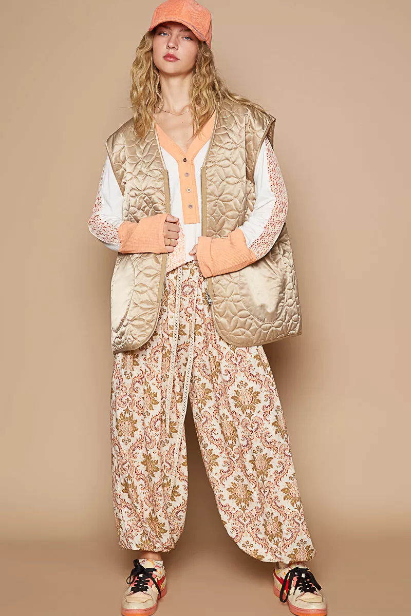 POL Front Zipper Floral Pattern Quilted Vest Coat with Front Pockets - Image 4