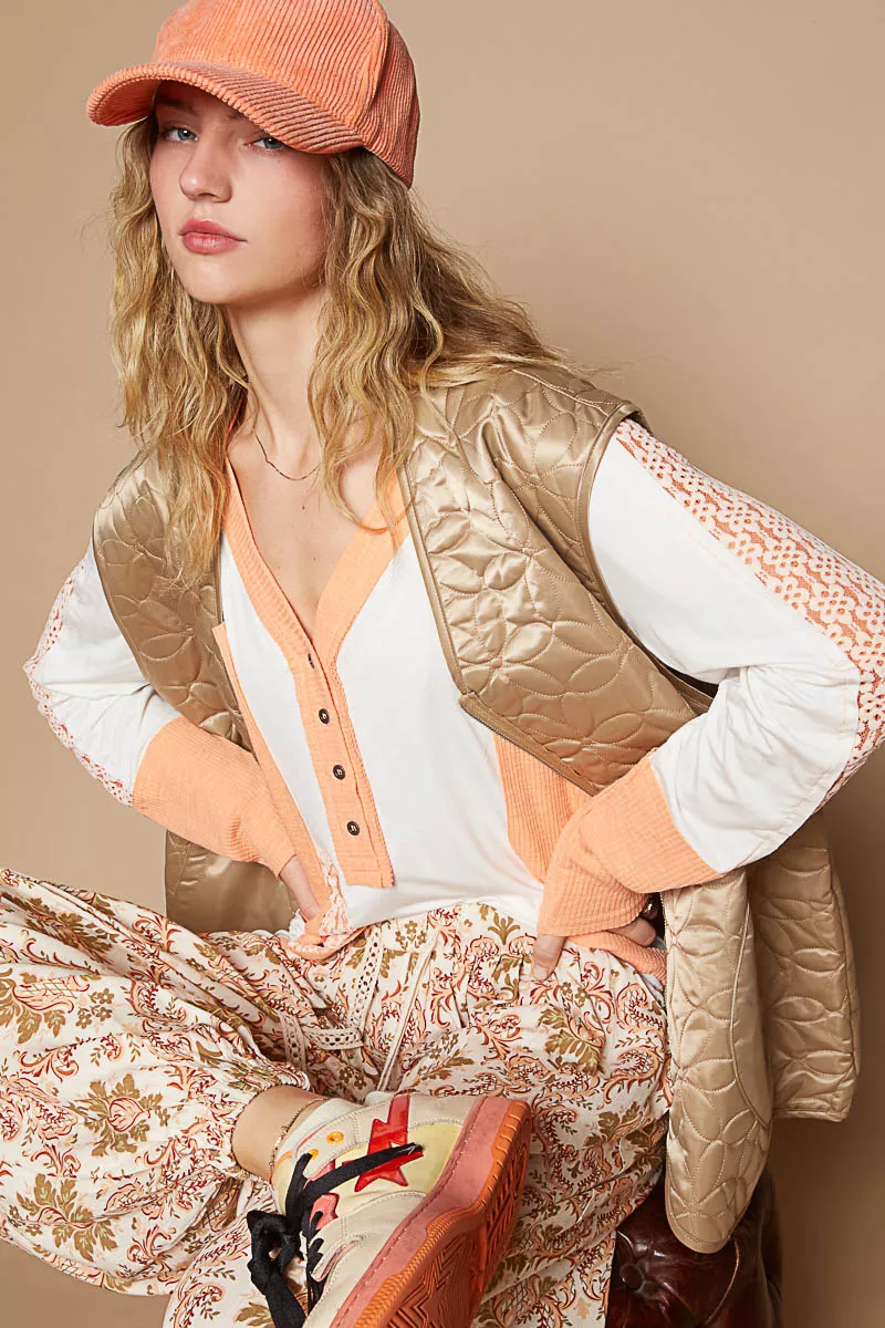 POL Front Zipper Floral Pattern Quilted Vest Coat with Front Pockets - Image 5