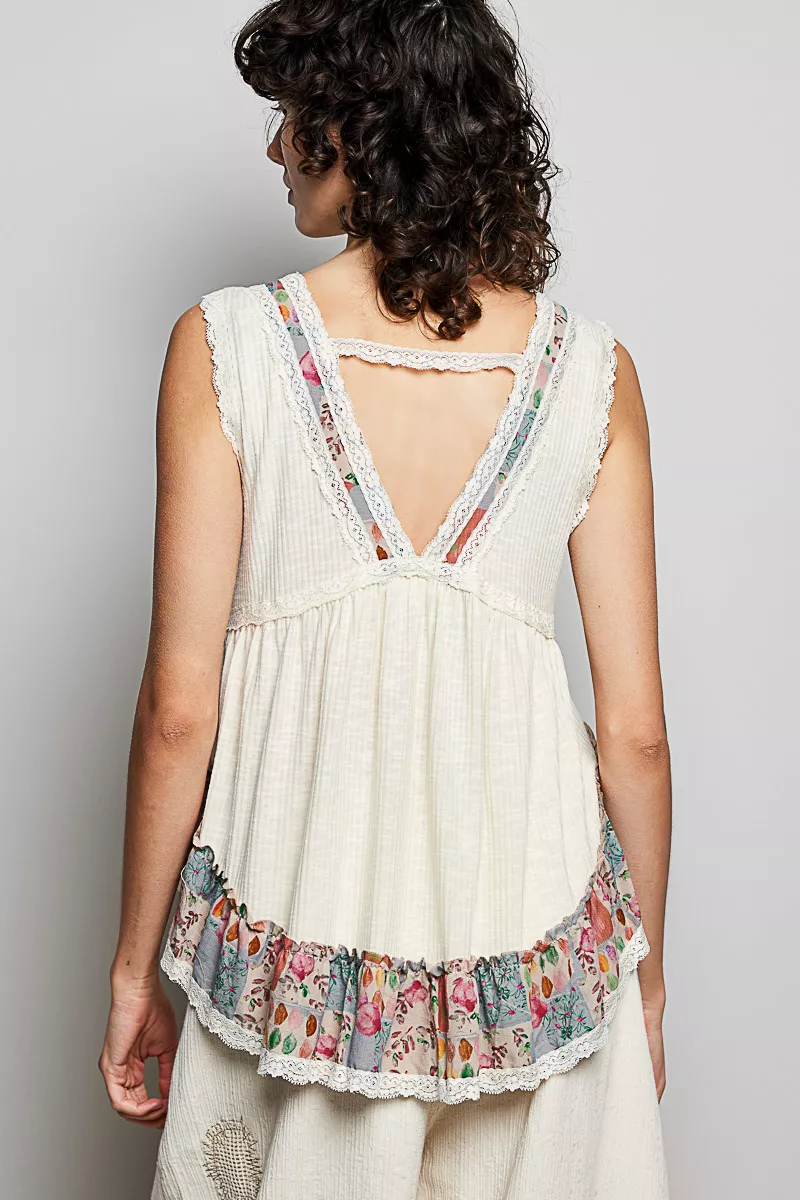 POL Lace Detail Ruffled Ribbed Sleeveless Top with Floral Pattern Trim Detail - Image 4