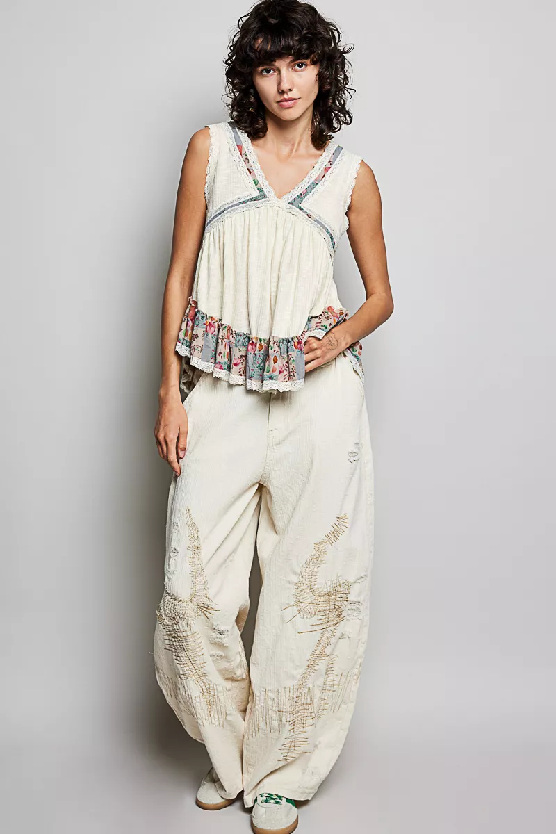 POL Lace Detail Ruffled Ribbed Sleeveless Top with Floral Pattern Trim Detail - Image 5