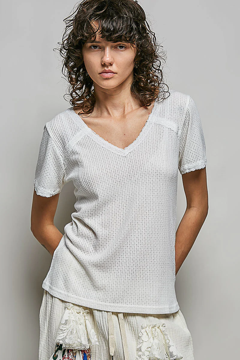 POL Lace Detail V-Neck Short Sleeve Textured T-Shirt - Image 2