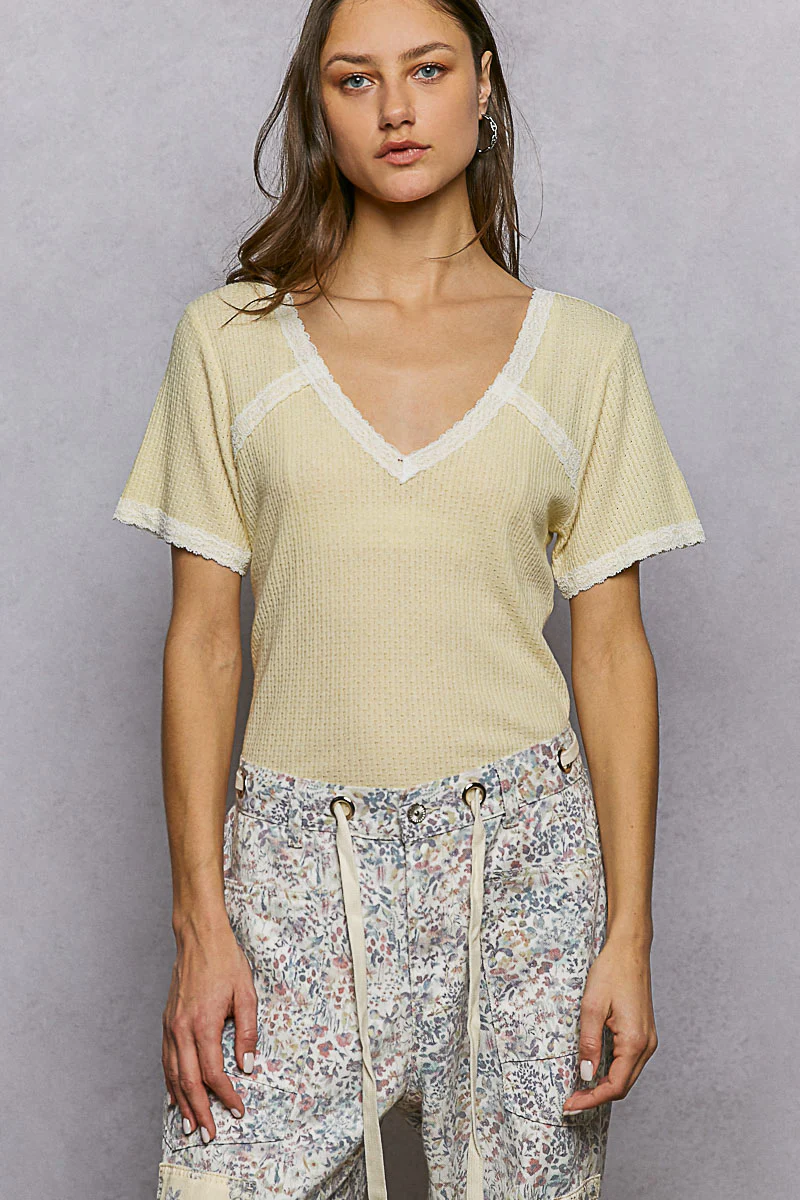 POL Lace Detail V-Neck Short Sleeve Textured T-Shirt - Image 2