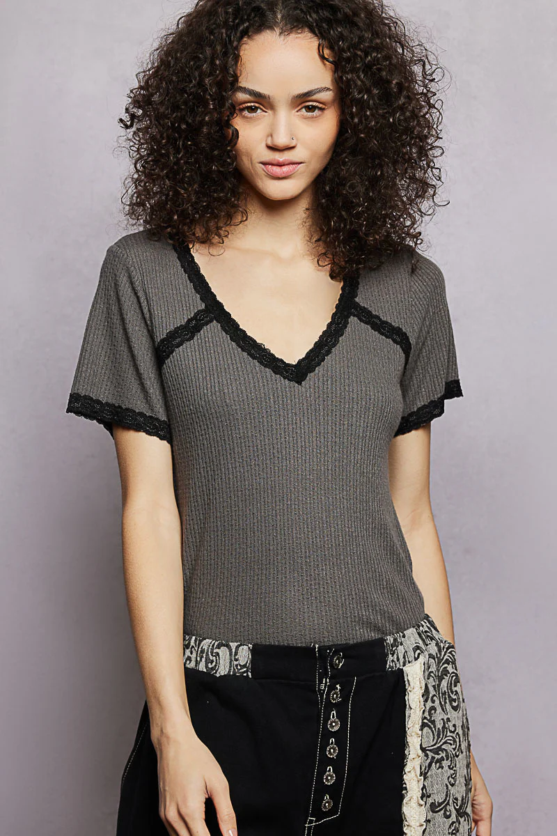 POL Lace Detail V-Neck Short Sleeve Textured T-Shirt - Image 2