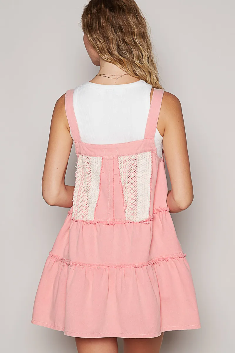 POL Lace Patchwork Detail Denim Overall Dress - Image 4
