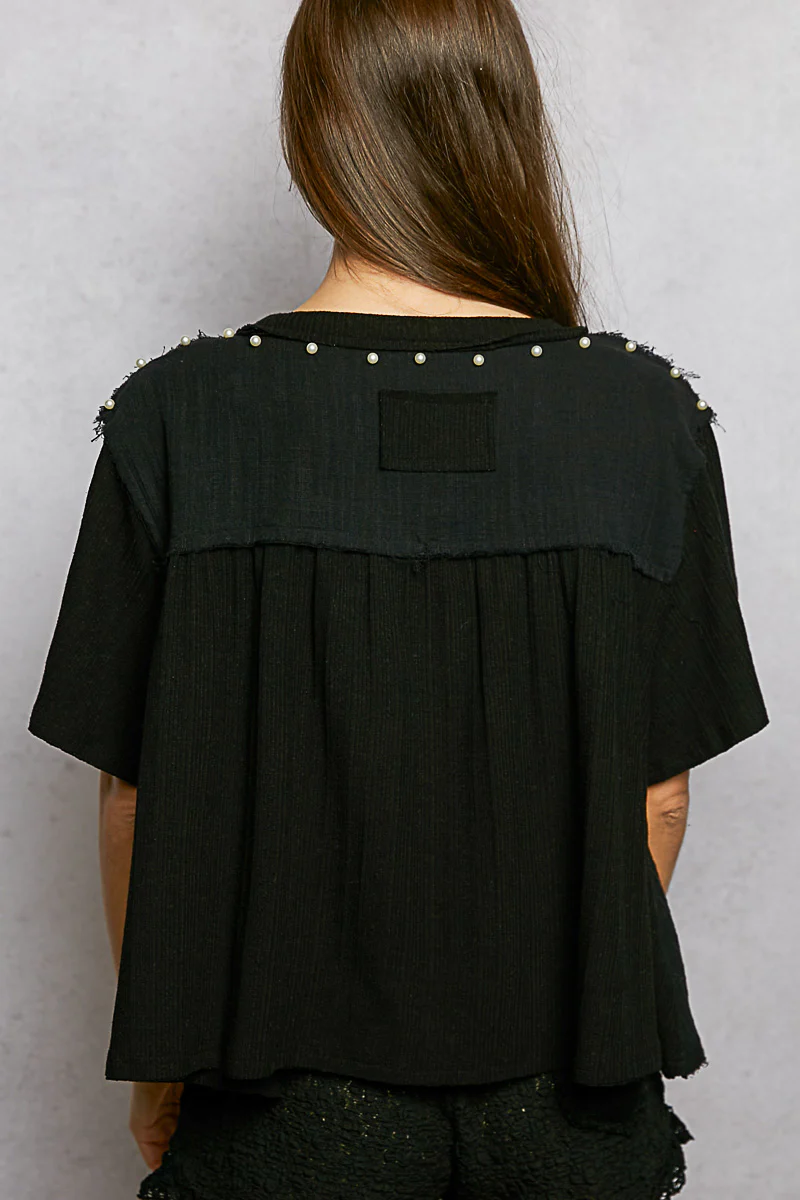 POL Lace Pearl Stud Round Neck Short Sleeve Shirt - Image 3