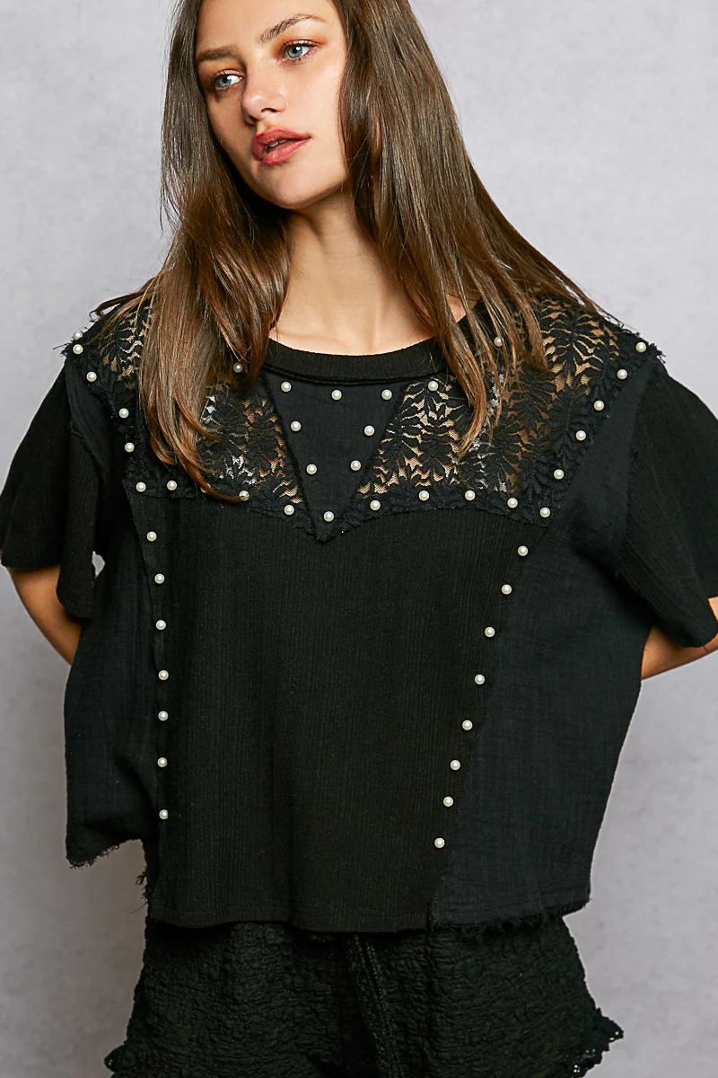 POL Lace Pearl Stud Round Neck Short Sleeve Shirt - Image 4