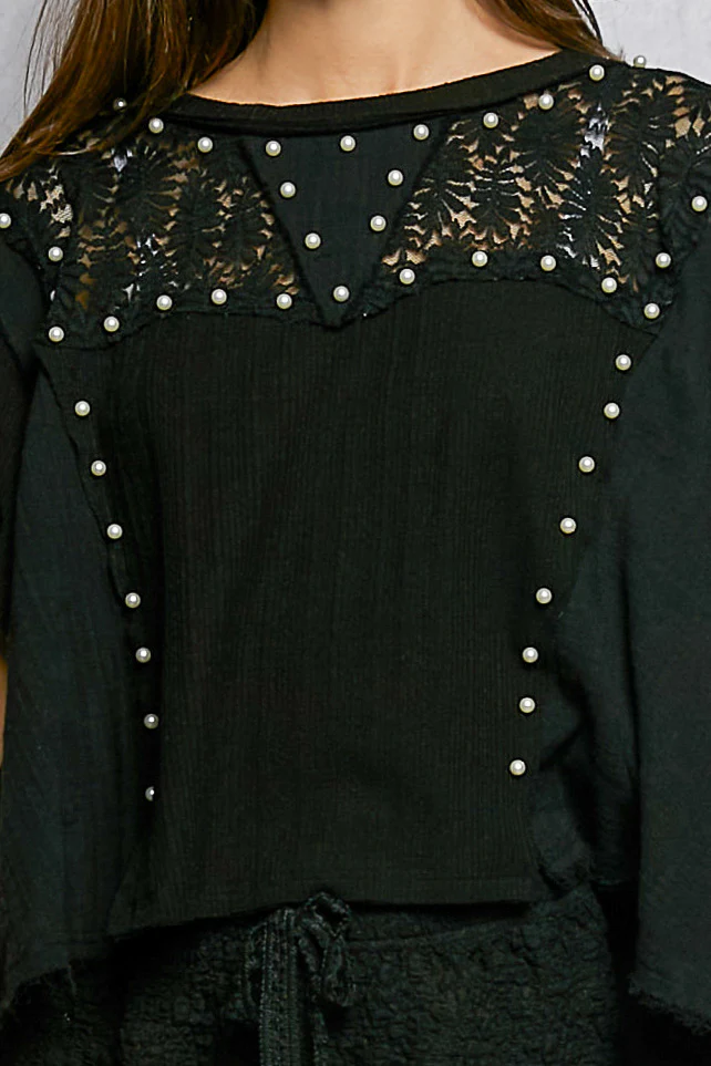 POL Lace Pearl Stud Round Neck Short Sleeve Shirt - Image 6