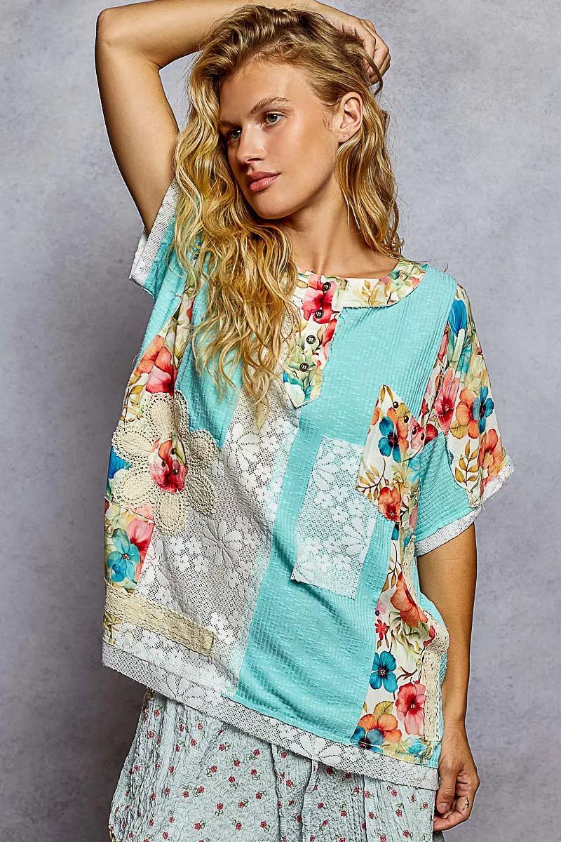 POL Lace Round Neck Short Sleeve Floral Pattern Top with Patch Detail - Image 6