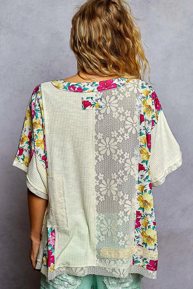 POL Lace Round Neck Short Sleeve Floral Pattern Top with Patch Detail - Image 2
