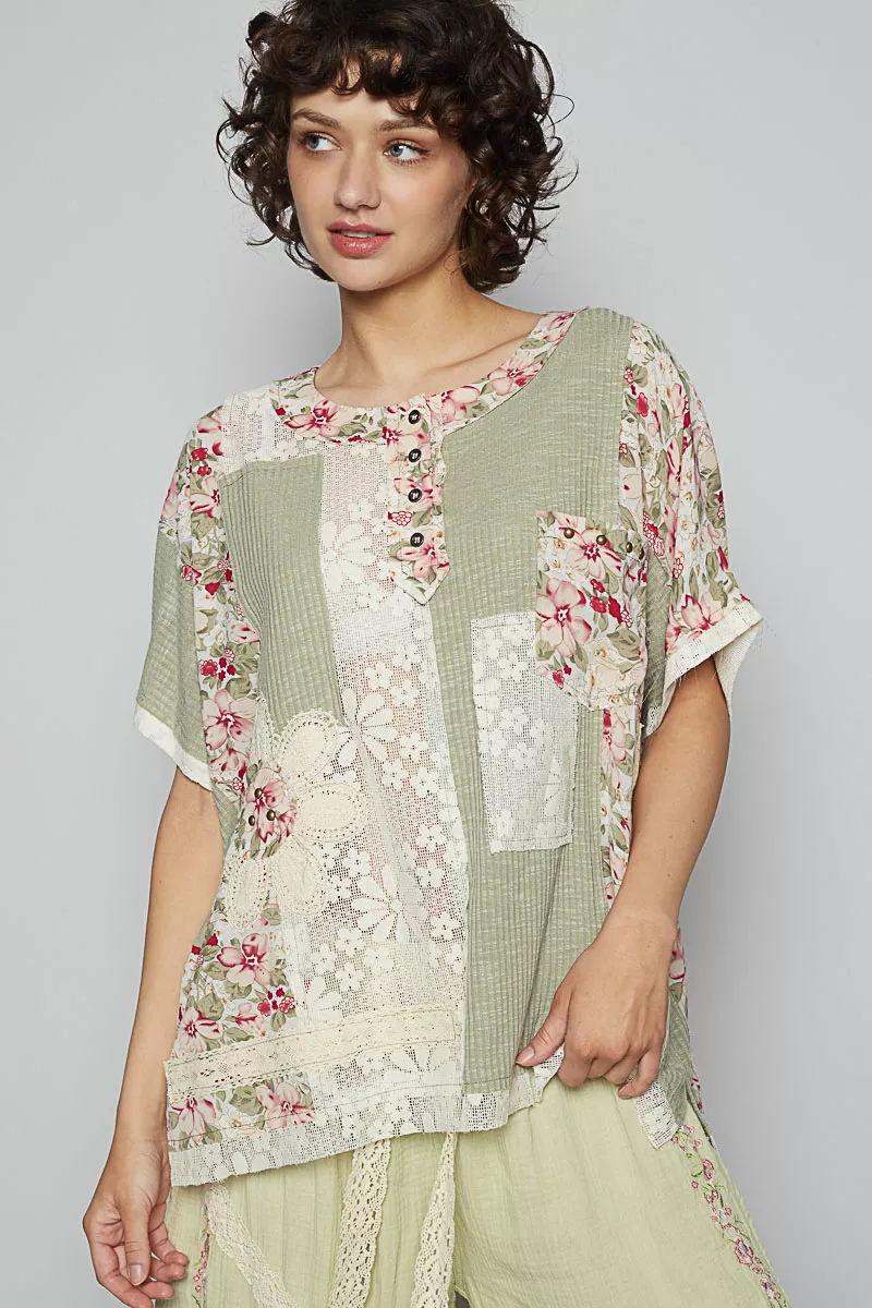 POL Lace Round Neck Short Sleeve Floral Pattern Top with Patch Detail - Image 2