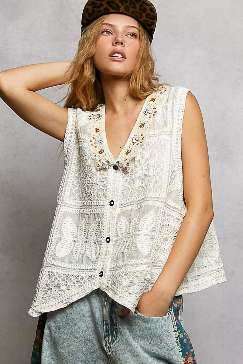 POL Lace Trim Embroidered Floral V-Neck Crochet Vest - Image 2