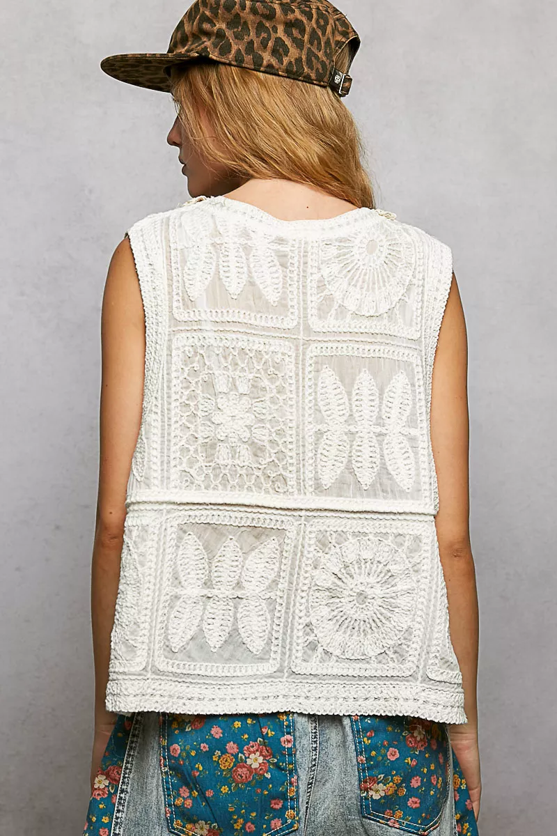 POL Lace Trim Embroidered Floral V-Neck Crochet Vest - Image 5
