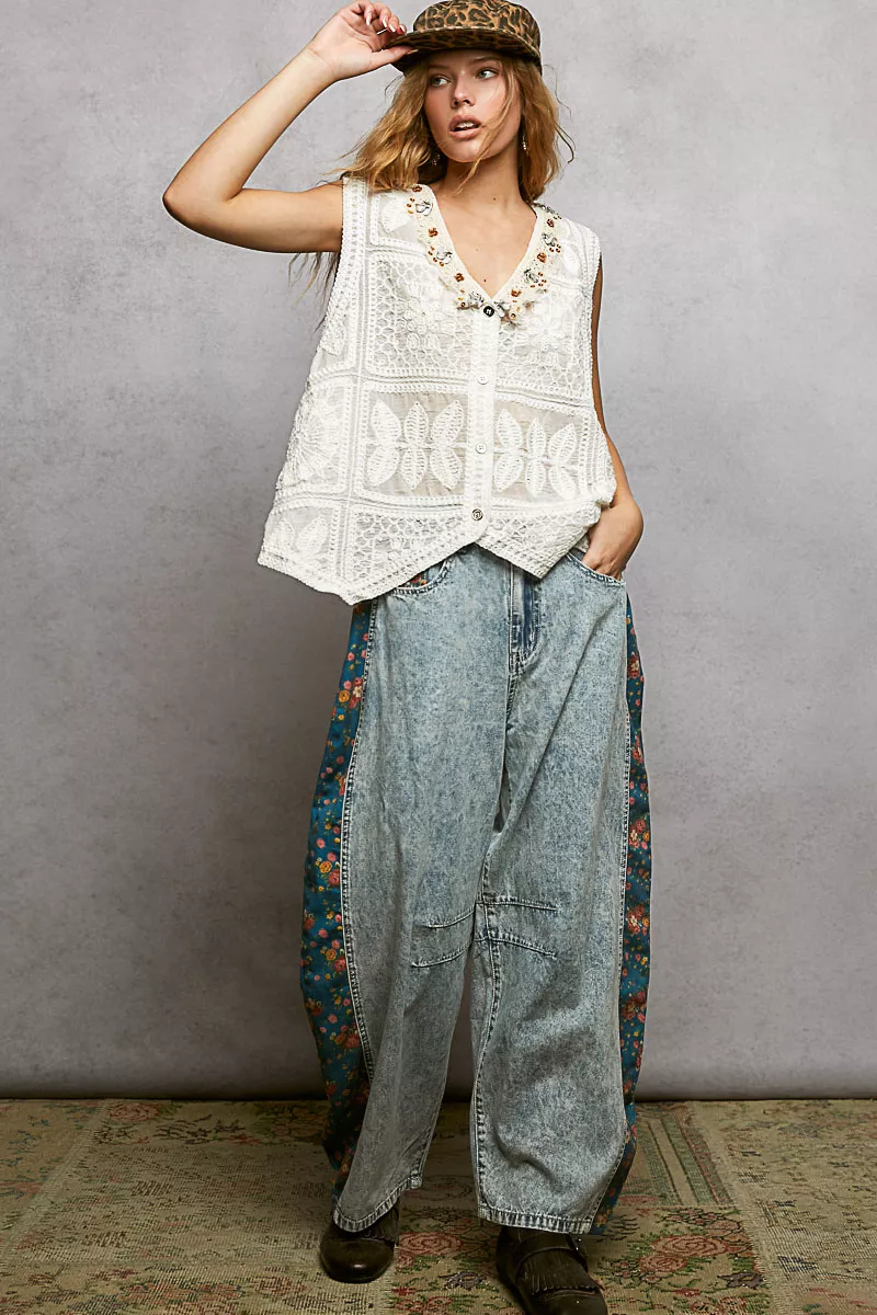 POL Lace Trim Embroidered Floral V-Neck Crochet Vest - Image 6