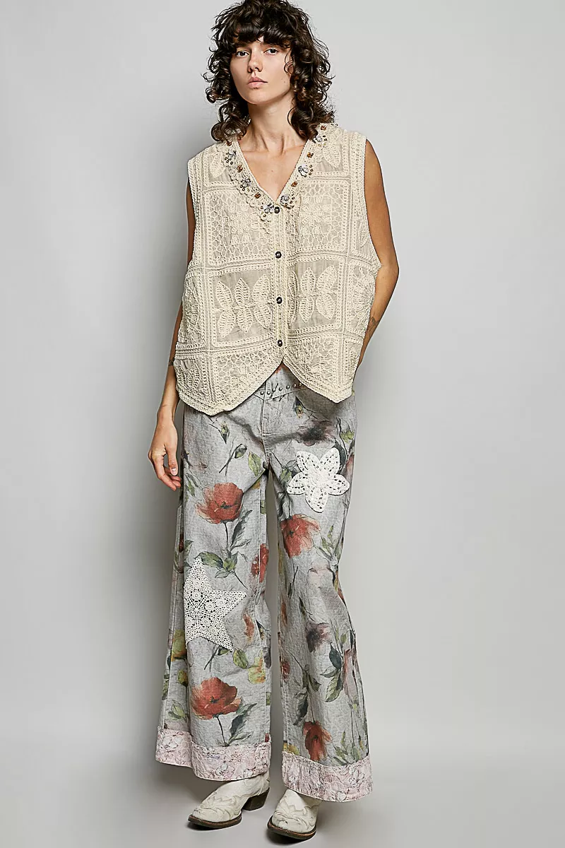 POL Lace Trim Embroidered Floral V-Neck Crochet Vest - Image 4