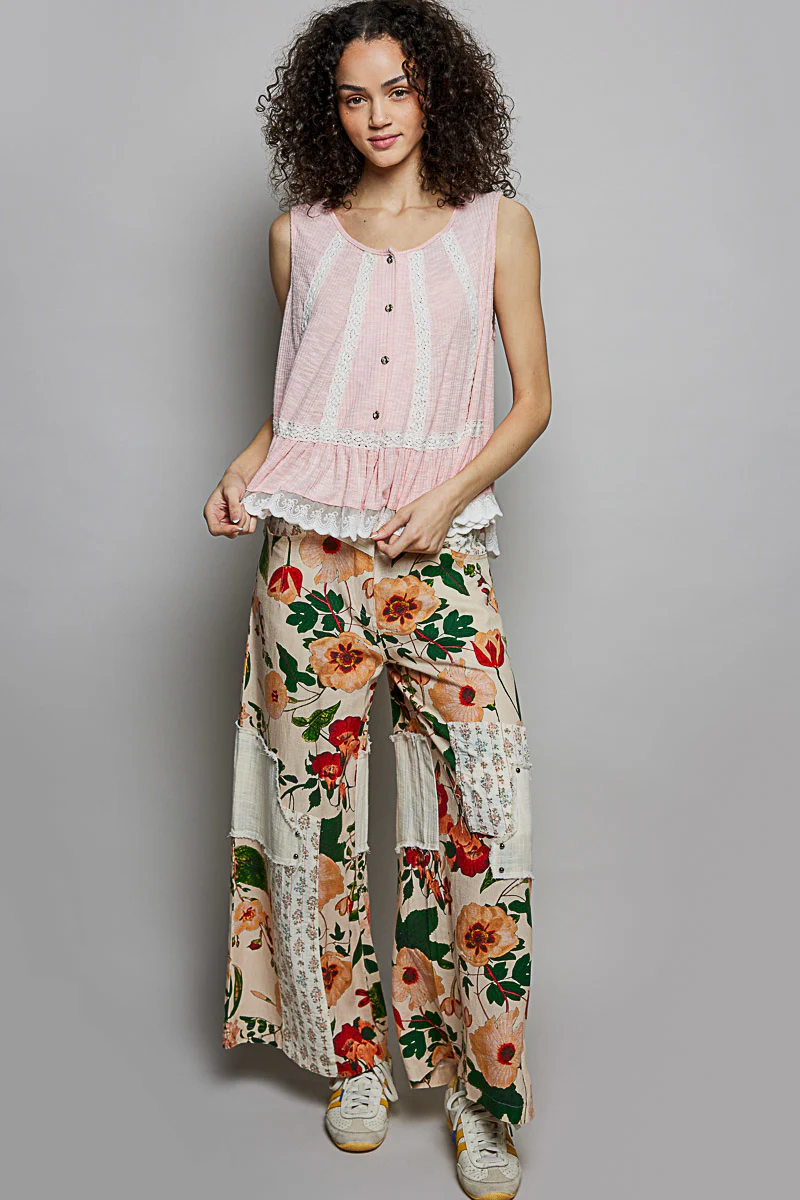 POL Lace Trim Ruffle Hem Button Detail Round Neck Sleeveless Top - Image 5