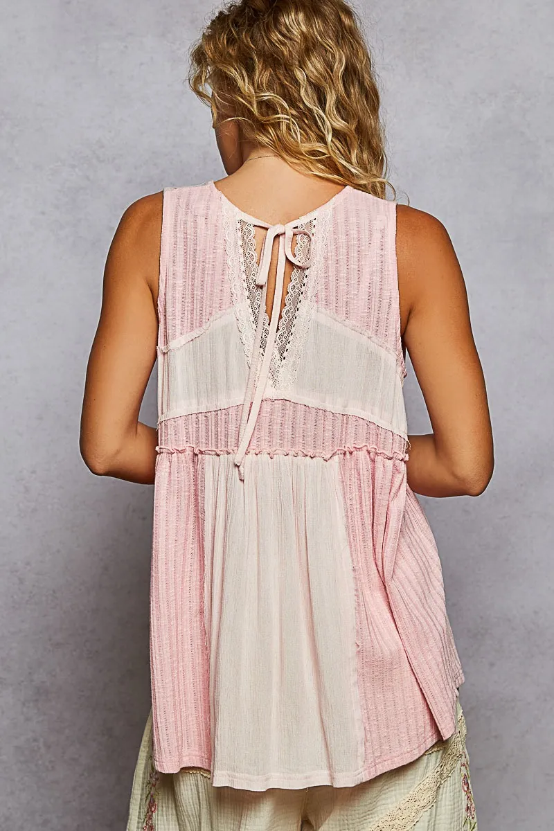 POL Lace Trim Two-Tone Tank with Pintuck Detail - Image 4