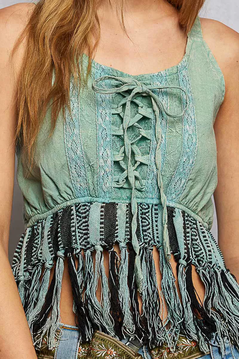 POL Lace-Up Fringe Hem Tank with Lace Detail - Image 6