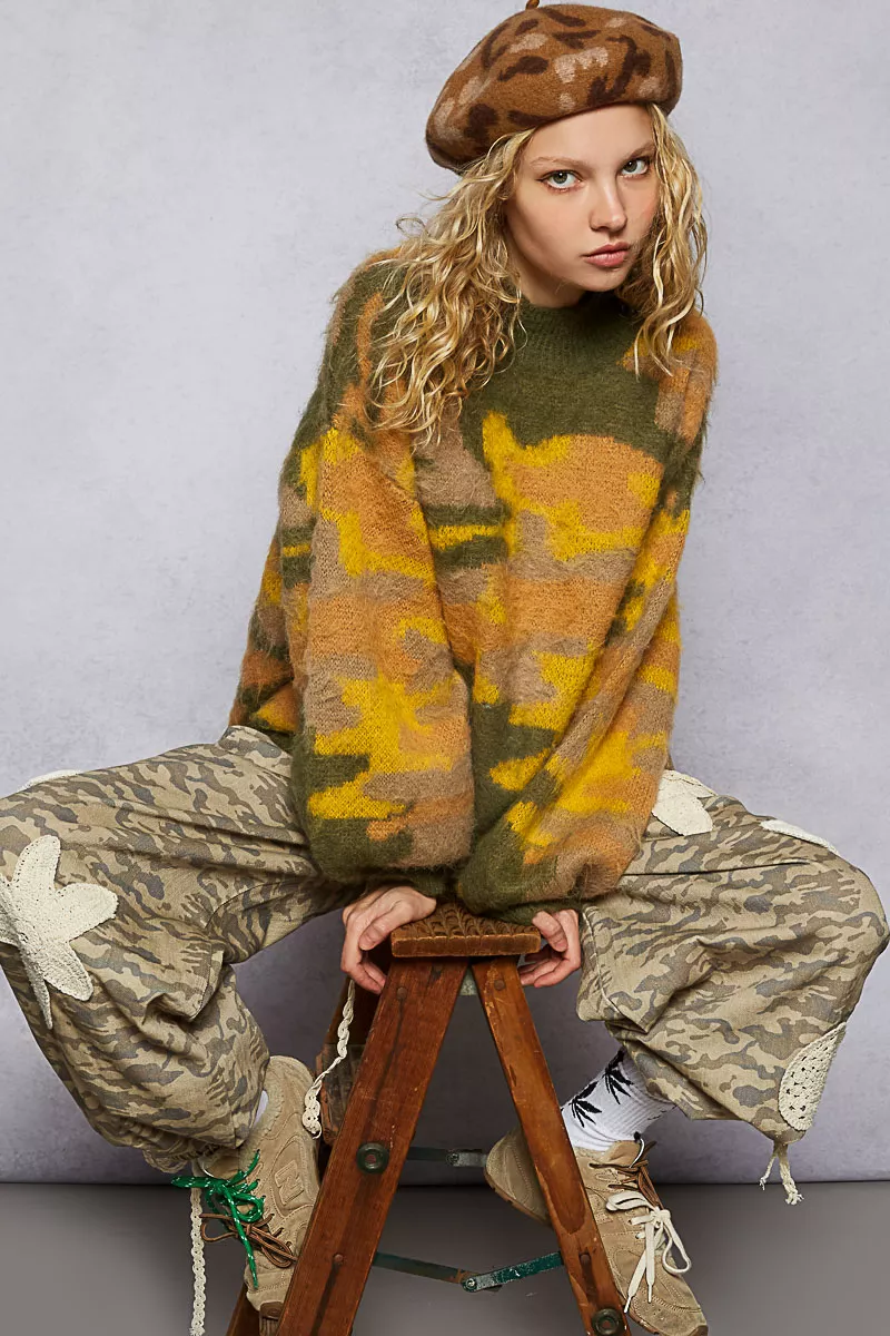 POL Mock Neck Abstract Colorblock Pattern Sweater - Image 7