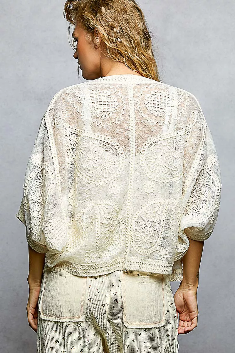POL Open Front Crochet Cardigan with Floral Embroidery - Image 5