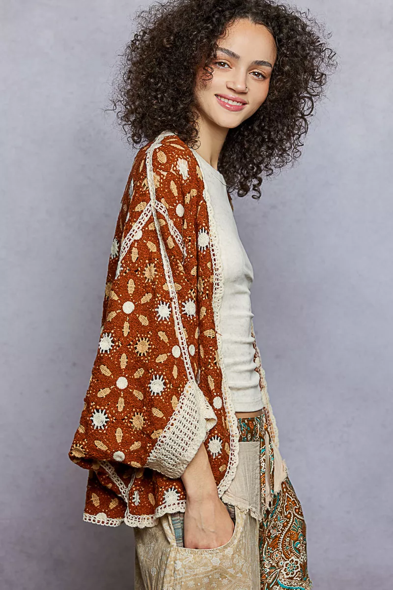 POL Open Front Floral Pattern Crochet Cardigan - Image 3