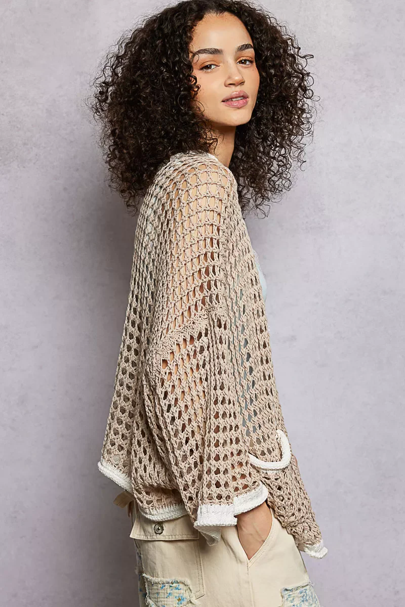 POL Open Front Openwork Cardigan with Contrast Trim - Image 3