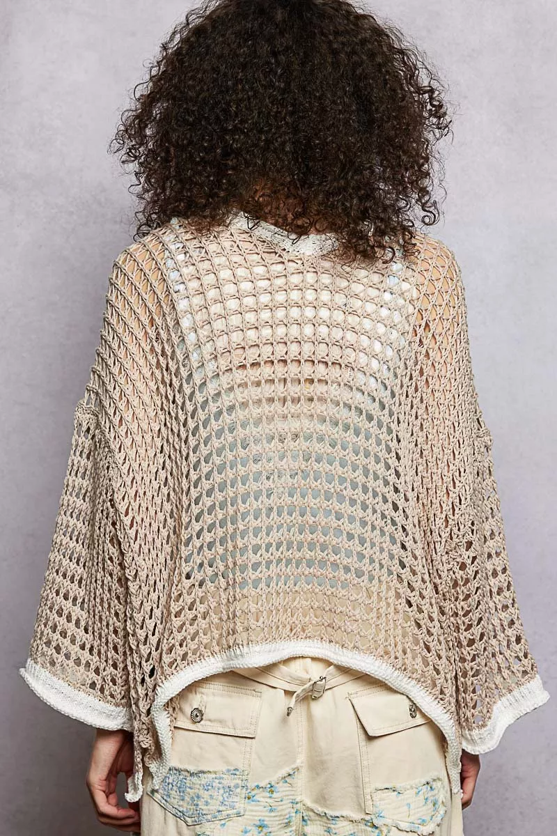 POL Open Front Openwork Cardigan with Contrast Trim - Image 4