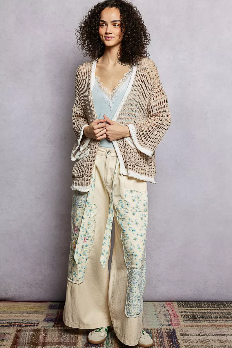 POL Open Front Openwork Cardigan with Contrast Trim - Image 5