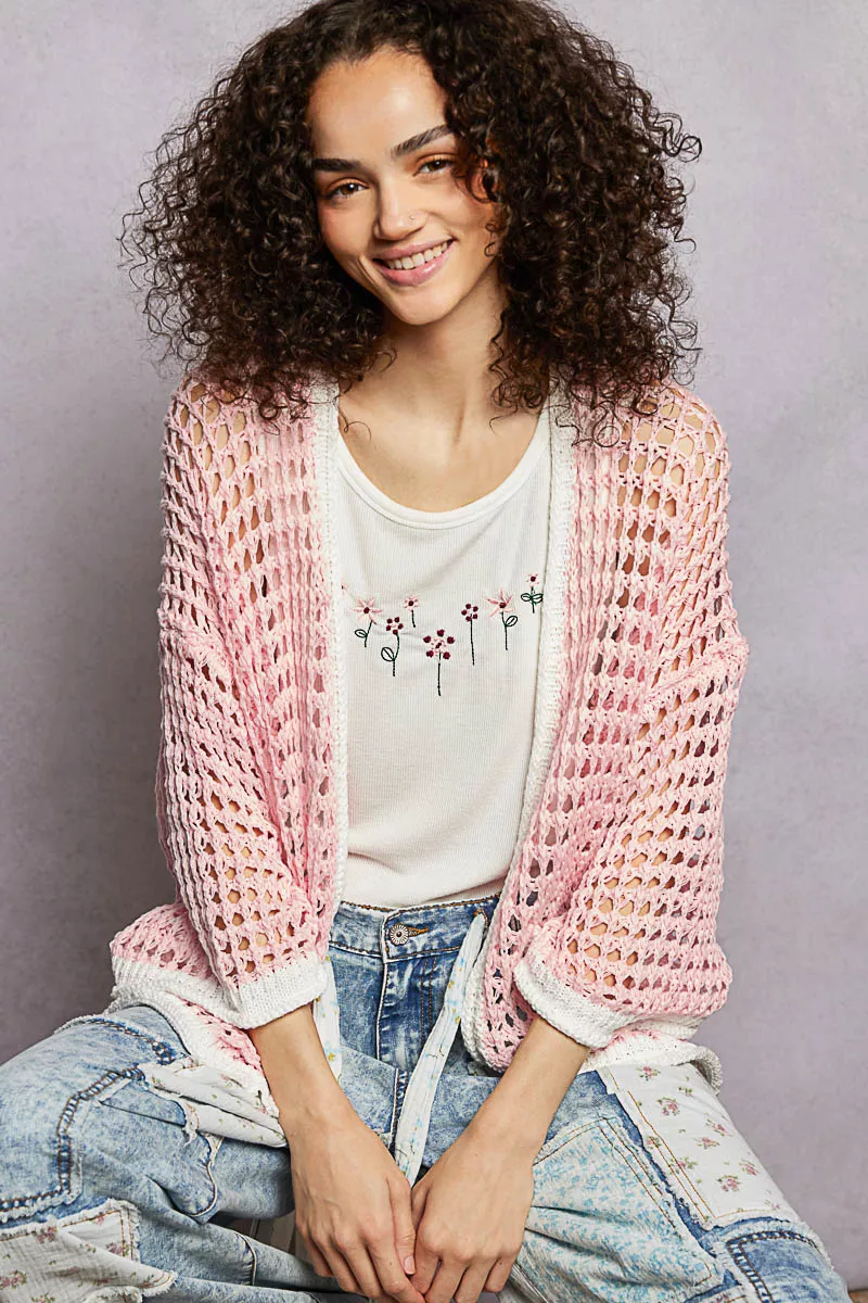 POL Open Front Openwork Cardigan with Contrast Trim - Image 2