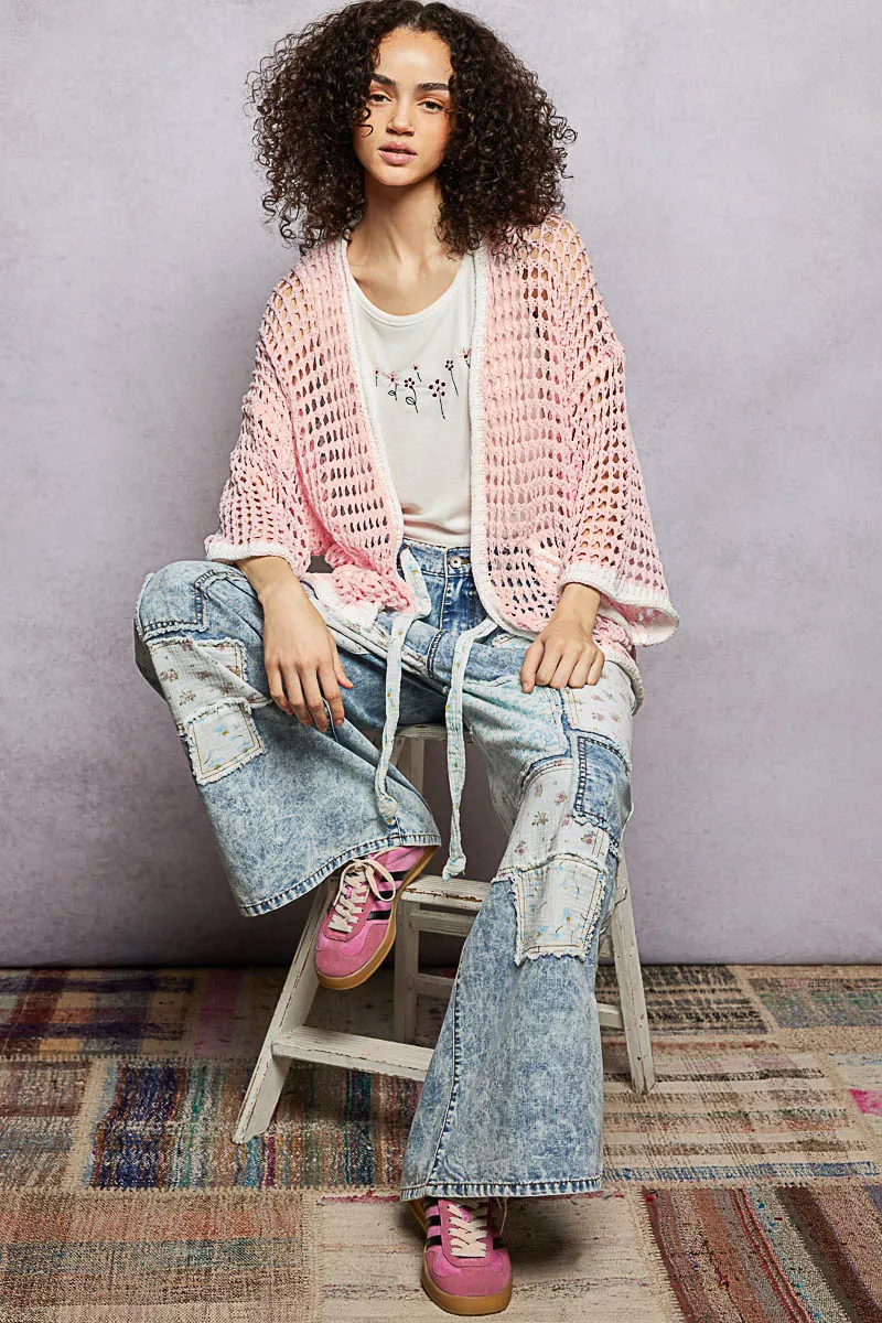 POL Open Front Openwork Cardigan with Contrast Trim - Image 6