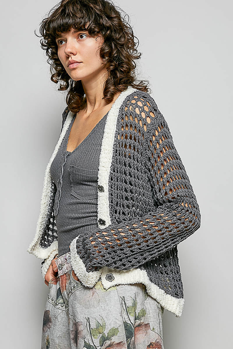POL Openwork Contrast Cardigan with Floral Metal Button - Image 3