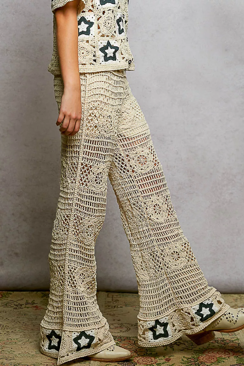POL Openwork Crochet Flare Pants with Contrast Star - Image 2